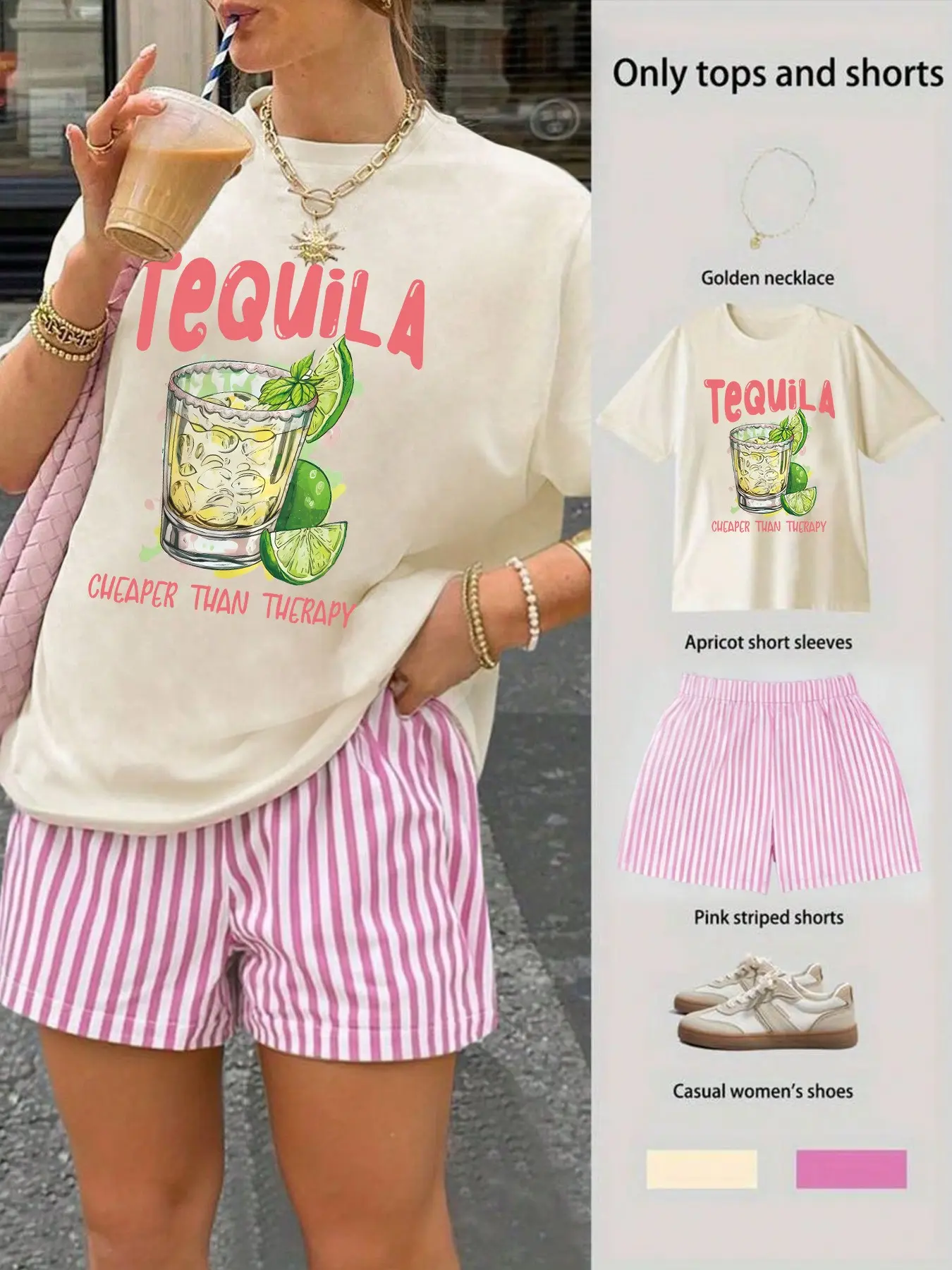 Women's Casual Home Wear Set, Tequila Print Round Neck Oversized Baggy T-Shirt + Striped Shorts, Fashionable Loose-Fit Style for All Seasons, Womenswear, Clothes, Lady