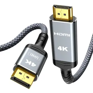 HDMI CABLE, 6.6ft Uni-Directional DP (Source) to HDMI (Display) 1.4 Cable, 4K@30Hz, 2K@60Hz, 1080P Full HD, Braided Cord for Dell, NVIDIA, AMD, Monitor, Projector (Grey)