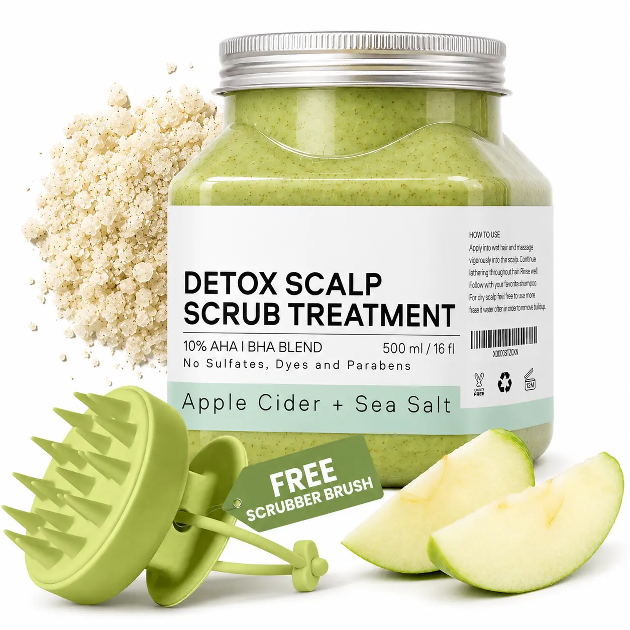 Apple Cider & Sea Salt Green Scalp Scrub Sulfate-Free | 10% AHA & BHA | Exfoliating Hair & Scalp Treatment for Detox, Dandruff & Build-Up | Scalp Exfoliator Hair Scalp Scrub | Refreshing ( 16 Fl Oz )