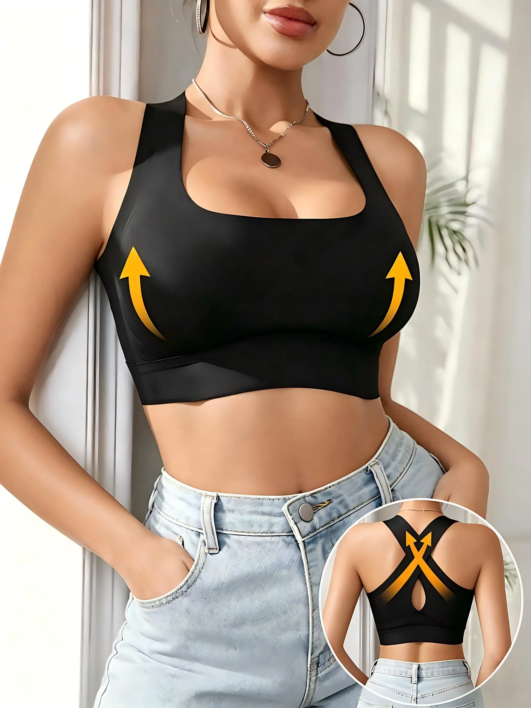 Women’s Seamless Cross Back Wireless Bra - No Underwire, Side Breast Support, Back Fat Smoothing, Soft Breathable Fabric, Removable Pads, Comfortable Daily & Sports Bra