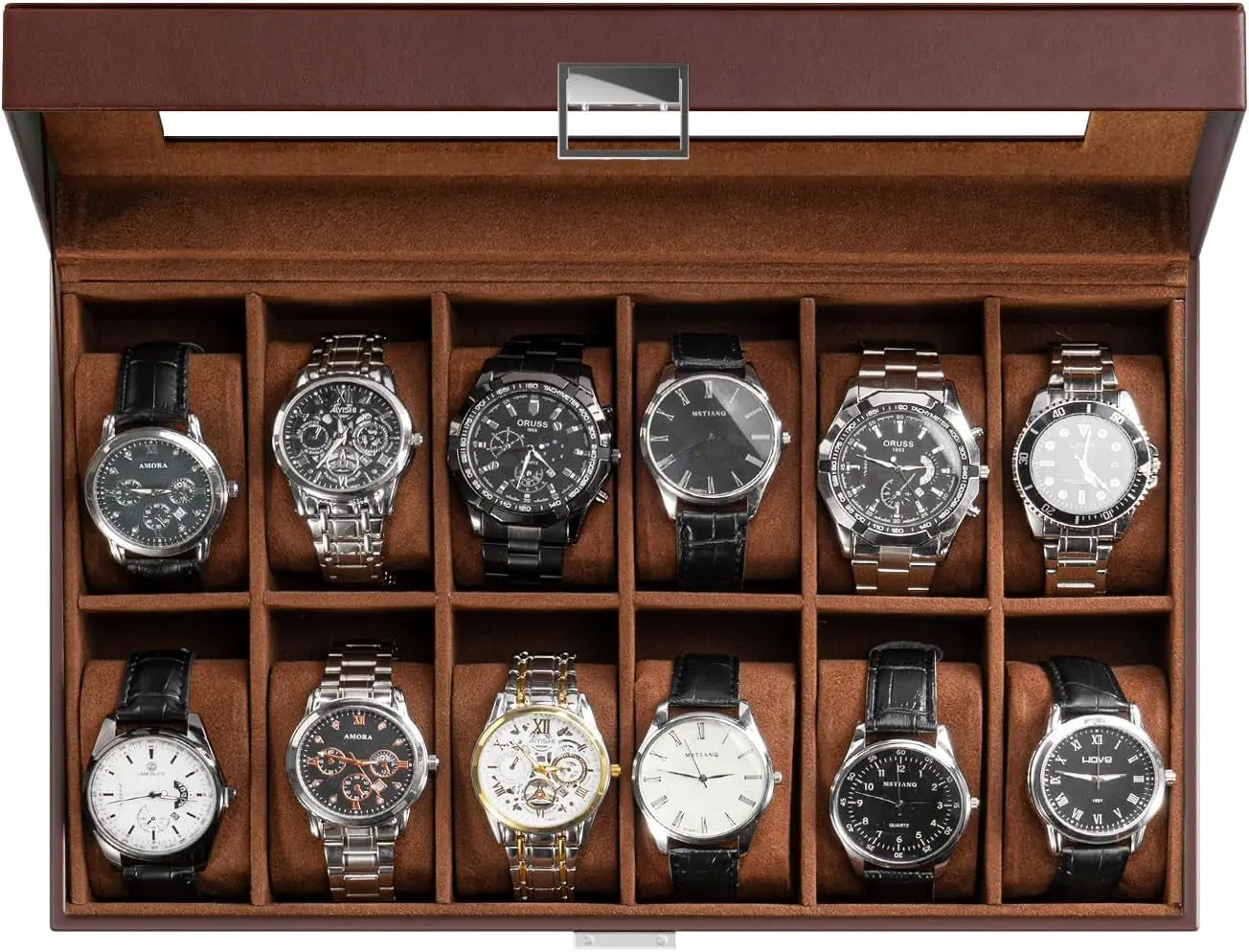 Watch Box Organizer, 12 Slot Watch Display Case, Brown