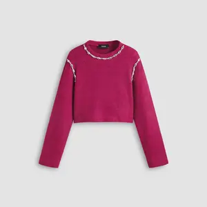 Cider [size 2-26] Round Neck Rhinestone Contrasting Binding Crop Knitted Top Dealsforyou