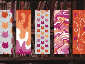 Pride Orange Fuschia Pink Designs Bookmark with Cat Patterns and Swirls for Book Lovers Featuring Vibrant Colors and Adorable Cat Motifs Ideal for Book Enthusiasts