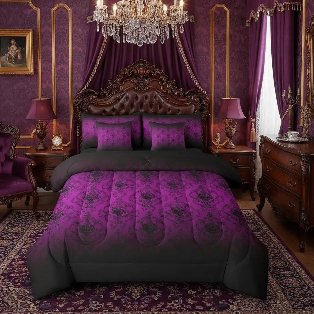 Feelyou 7-Pcs Purple Black Gradient Damask Bed Comforter Set with Sheets - Victorian Gothic Bohemian Vintage Bedding for Adults, Queen Size Comforter Set, Comforter Queen Size