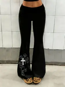 Women's leggings and flared pants with a cross Gothic pattern, offering comfortable wear suitable for all seasons. These are fashionable bottoms for everyday wear, perfect for casual outfits and a versatile fashion choice.