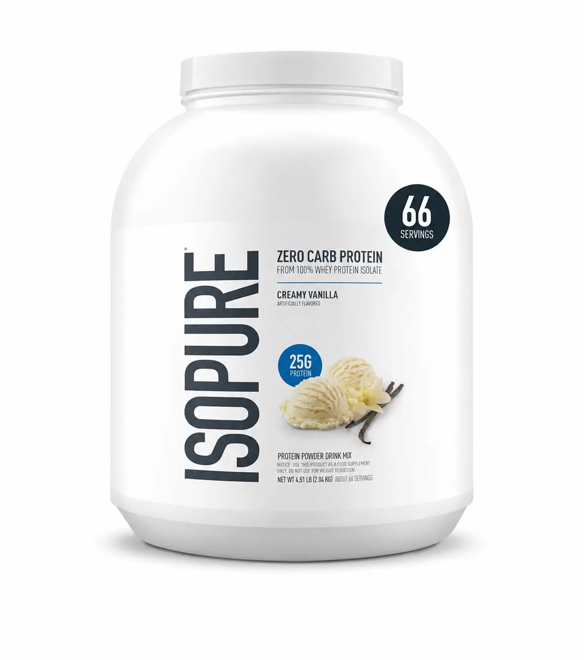 Isopure 0 Carb 100% Pure Whey Isolate Protein Powder Dietary Supplement, Gluten-Free, Vitamin-Infused, Creamy Vanilla, 25g Protein Per Serving, 4.5 Lbs, 66 Servings (Fitness Use, Packaging May Vary), Pure Powder Protein Supplements