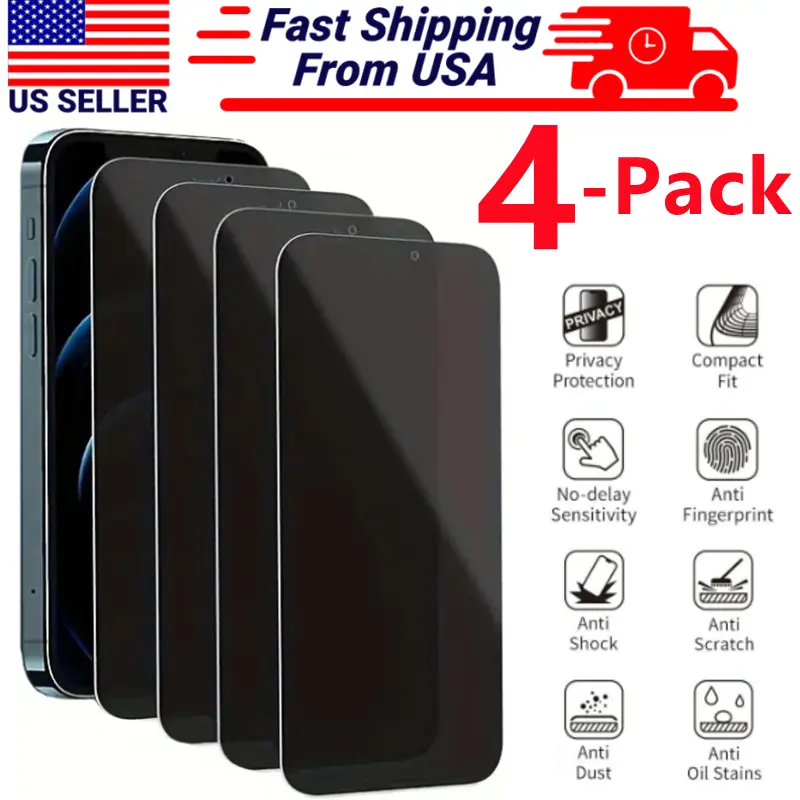 4 Pcs Privacy Screen Protector for iPhone 18 Pro Max Plus 17 16 15 14 13 12 11 XR XS MAX 8 7 6, 9H Anti Spy Private Tempered Glass Film, Anti-Scratch