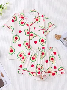 Women's Avocado Print Crop Top & Elastic Waist Shorts Pyjama, Casual Comfy Lapel Top & Shorts PJ Set, Ladies Sleepwear for Summer, Loungewear, Pickle Lover Loungewear