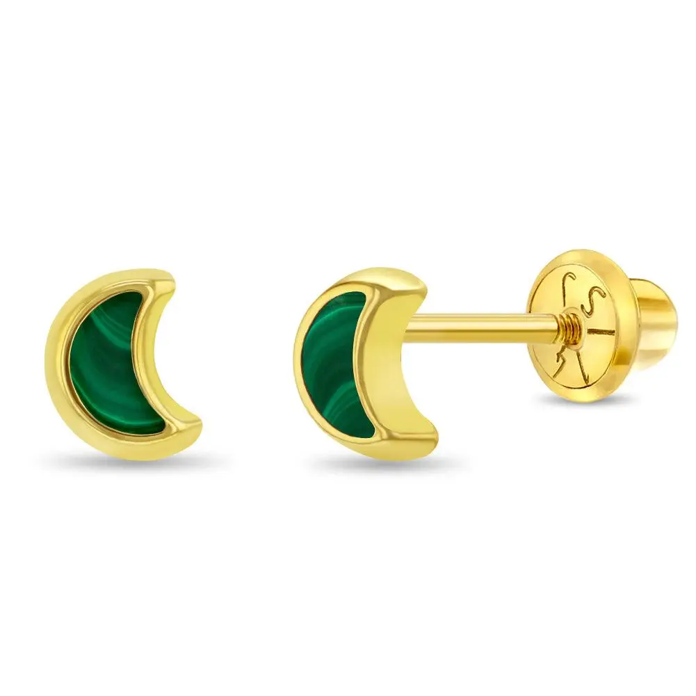 14k Gold Malachite Shaped Baby / Toddler / Kids Earrings Safety Screw Back