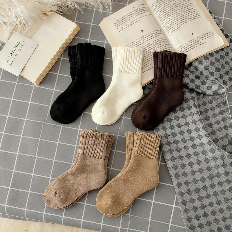 5-Pack Women's Solid Mid-Calf Socks, Warm & Comfy, Beats Peers, Fall Daily Must-Have,E