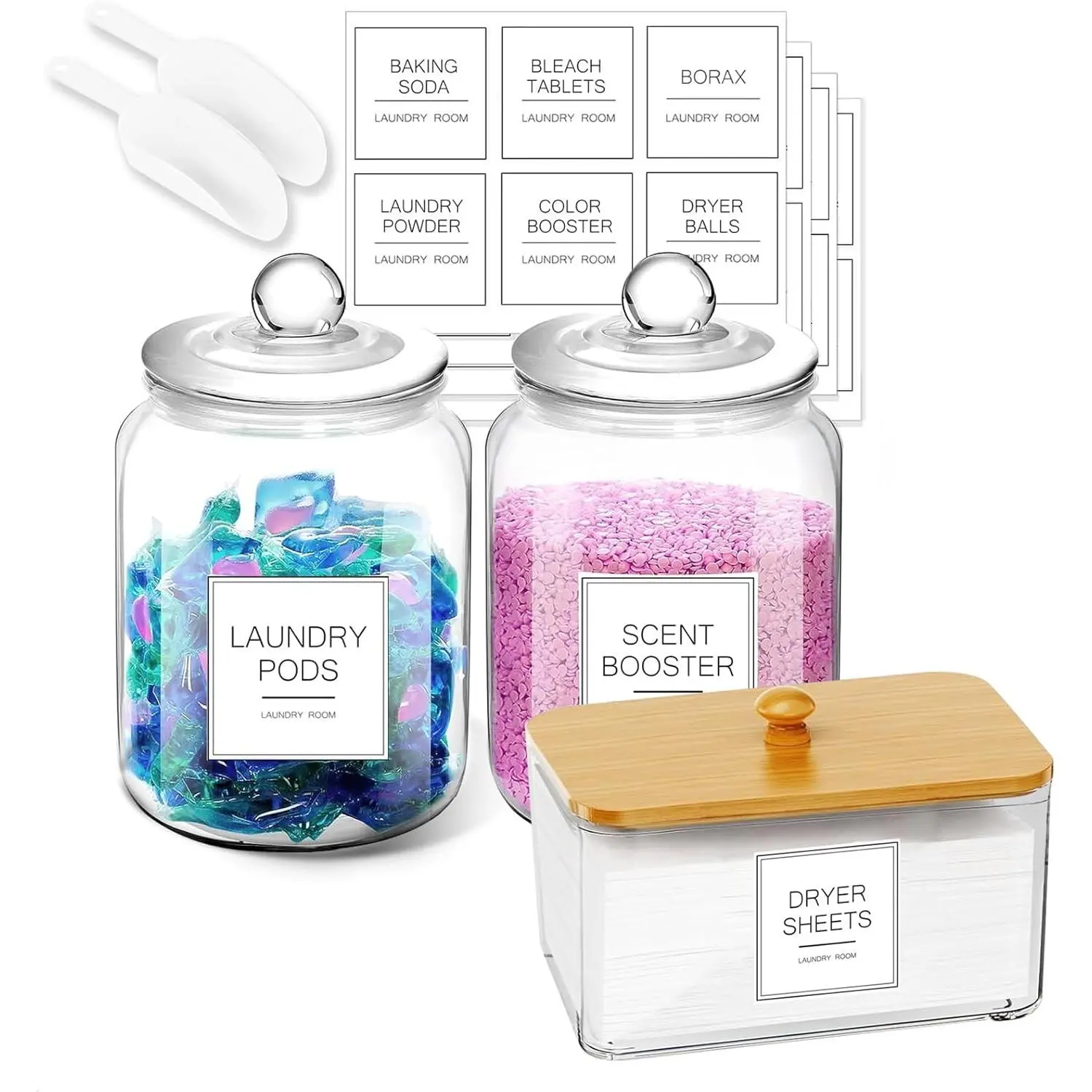 Laundry Glass Jars with Dryer Sheets Holder, Containers with Scoop and Labels for Laundry Room Organization and Storage Detergents Pods or Powder, Scent Booster Beads, Set of 3