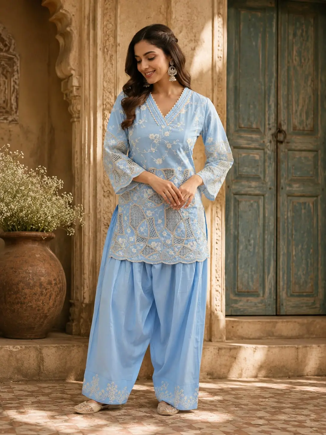 Powder Blue Chikankari Schiffli Coord Set - Kurti and Farshi Salwar