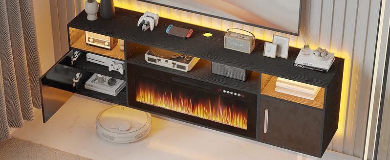 【2 Packages Shipping】PUKAMI Floating Fireplace TV Stand 70'' Wall Mounted Shelf, LED Light Entertainment Center and Storage, Modern Wood Media TV Console with Highlight Cabinet for Living Room 【2 Packages Shipping】PUKAMI Floating Fireplace TV Stand 70'' Wall Mounted Shelf, LED Light Entertainment Center and Storage, Modern Wood Media TV Console with Highlight Cabinet for Living Room