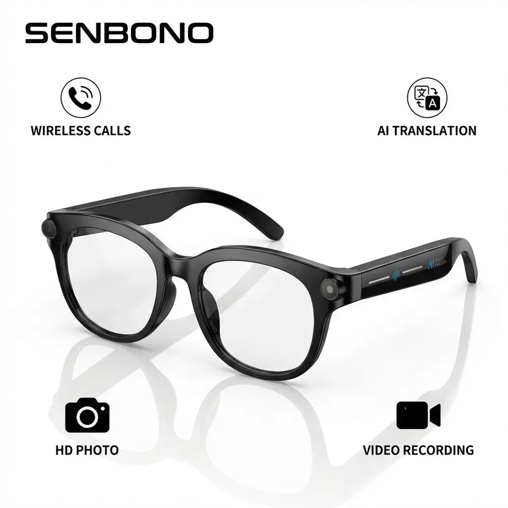 SENBONO Portable Bluetooth AI Smart Glasses Camera - Cycling Wearable with Wireless Phone Call, AI Translation, HD Video, Music Player, Long-Lasting Batteries (Phones & Electronics, Smart Wearable Devices), Smart Eyewear, Unisex Adults