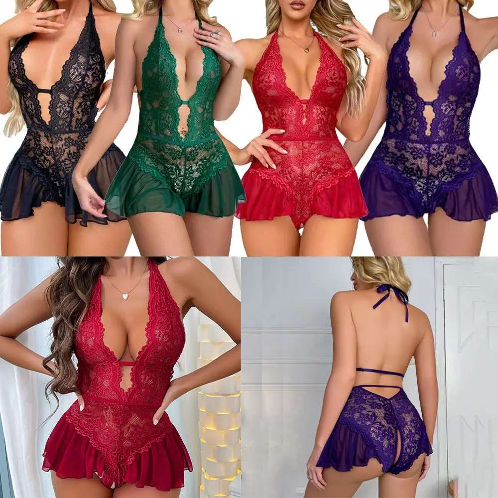 women's sexy-lingerie babydoll sleepwear underwear lace dress g-string nightwear Women Lingerie Sexy Babydoll See Through Sleepwear Nightwear Nightgown Lace  Dress G-String Panties 2 PCS Set Hot Sexy Lingerie - Negligee Sexy and Sexy  Chemise Lingerie price