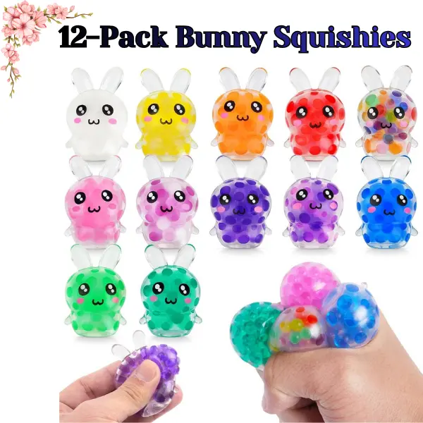 12-Pack Round Bunny Squishy Toys - Stress Relief Sensory Fidget Toys for Unisex Kids, Boys, Girls, Easter Egg Stuffers & Dad Gift Idea