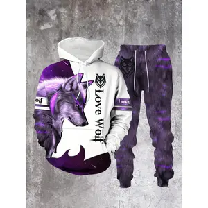 [Fierce Purple |   Stylish] Fierce Purple |   Stylish Comfortable Men's Sweatshirt Set |   Wolf Pattern Long-Sleeve Casual Spring/Autumn