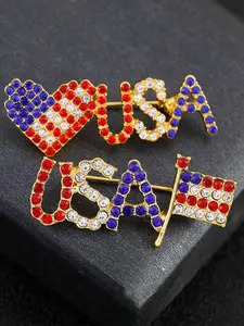 2 Piece Independence Day Flag Pins with Rhinestones, Usa Letter Badge, Zinc Alloy Brooches, Patriotic Accessories, Perfect Gift