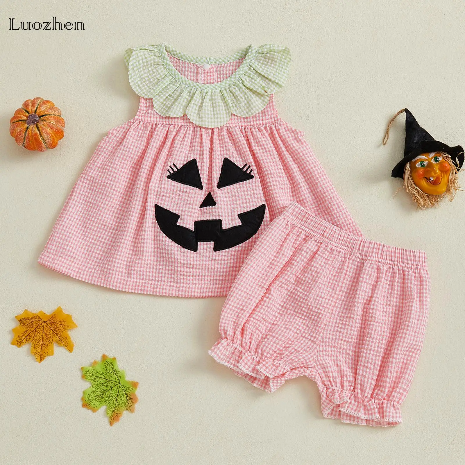 Infant Girl Toddler Baby Sweet Cute Halloween Costume Pumpkin Embroidery Plaid Print Vest and Stretch Shorts Set Fashion Cute Clothes