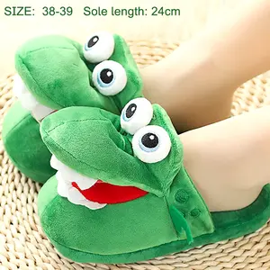 Velishy Cartoon Crocodile Cotton Slippers with Moving Mouth Funny Home Winter Walking Warm Christmas Gift for Men Women Round Toe Non-Slip Sole Plush PP Cotton Soft Fluffy Flipflop Footwear