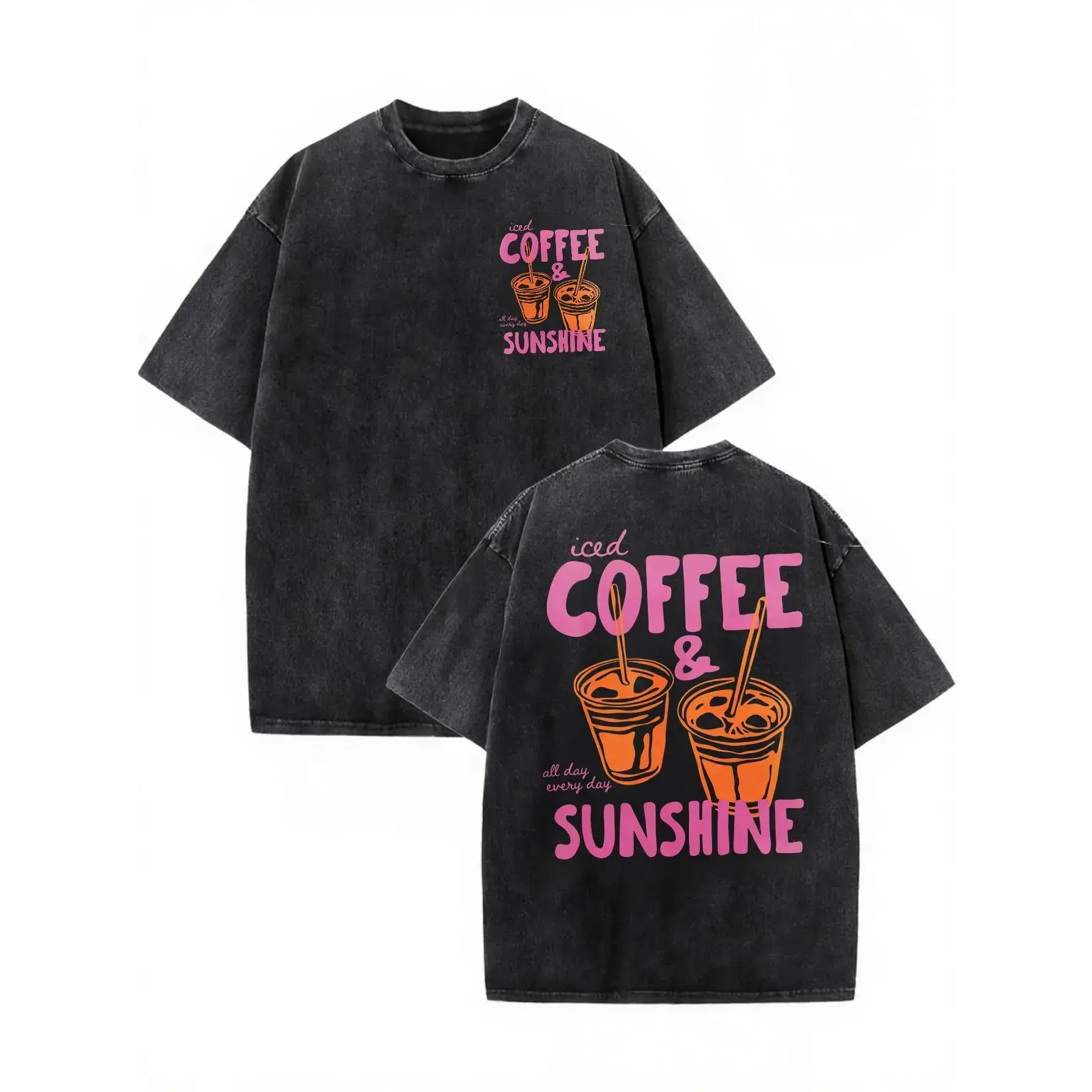 Women's Oversized Tshirt - Iced Coffee & Sunshine Double-Sided Graphic, Caffeine Queen Retro Style, Heavyweight Cotton Casual T-Shirts, Plus Size Streetwear, Vintage Washed Breathable Summer Top, Perfect Gift, Sohochic