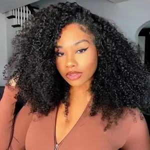 200% Density Half Wig Ready to Wear Kinky Curly Human Hair Wigs 3 In 1 Half Wig Invisible Hairline With Drawstring No Lace Seamless Flip Over Wig Beginner Friendly
