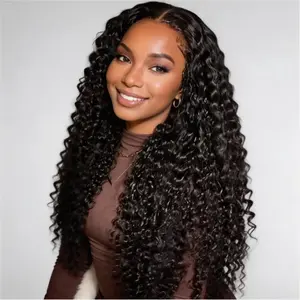 36-inch deep wave lace front women's synthetic wig 200% density curly full cap natural colour