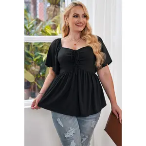 Plus Size Drawstring Sweetheart Neck Babydoll Blouse