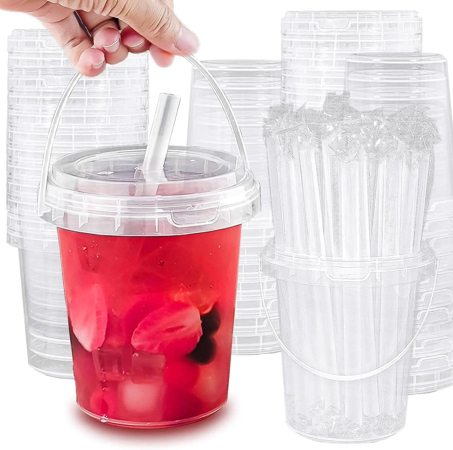 15 Sets - 34 oz Plastic Cups with Lid and Straw,Disposable Coffee Cups with Lids for Iced Coffee,Smoothie,Milkshake,Cold & Hot Drinks, Sturdy/Food Safe/Reusable Clear Party Cups for Pool, Beach Party