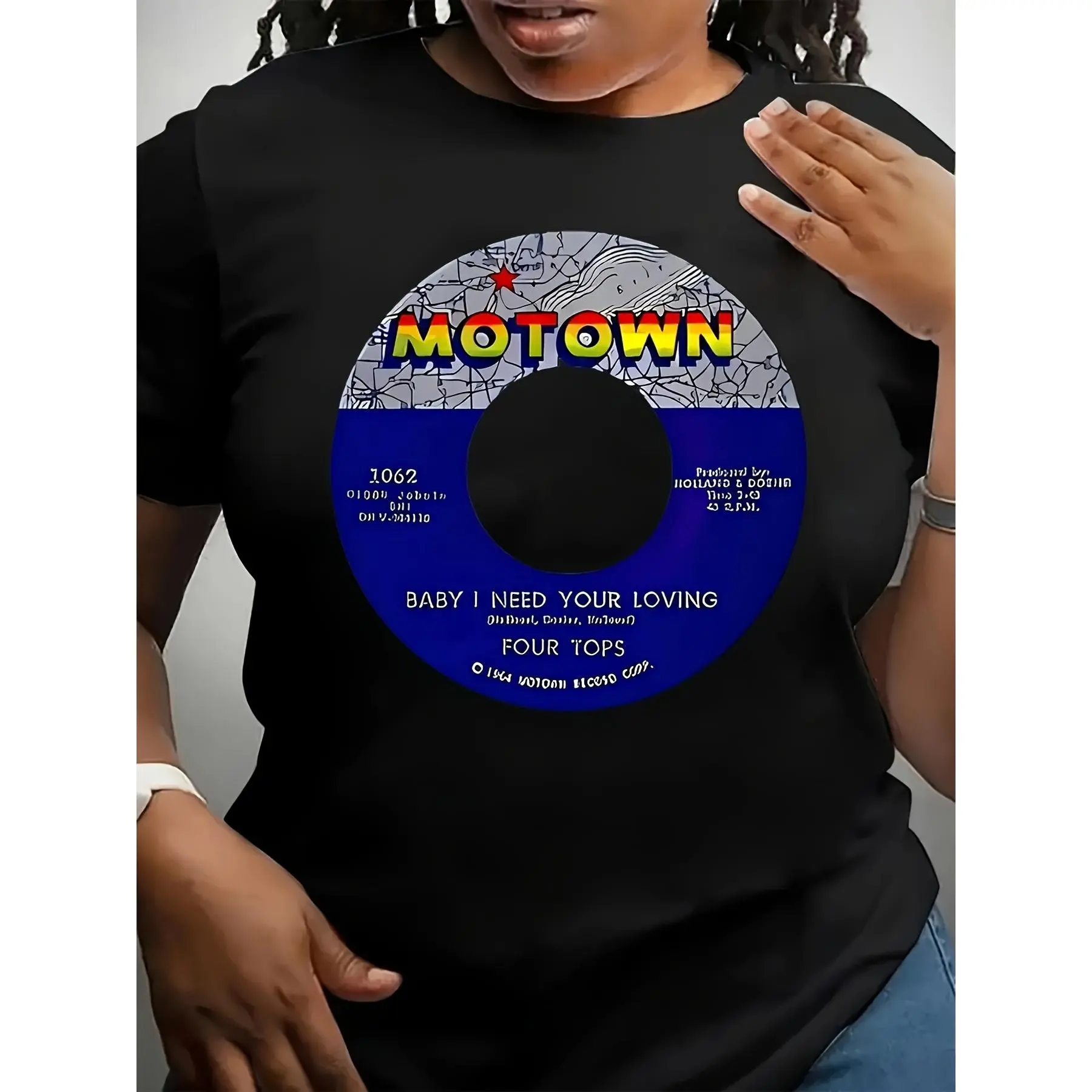 Women's 180g Black Cotton Graphic Tee, Short Sleeve Crewneck, Motown Baby I Need Your Loving Four Tops Print T-Shirt, Retro Music Album Cover Design, Casual Summer Streetwear, Soft Breathable Fabric for Music Lovers, Perfect Gift for Fans