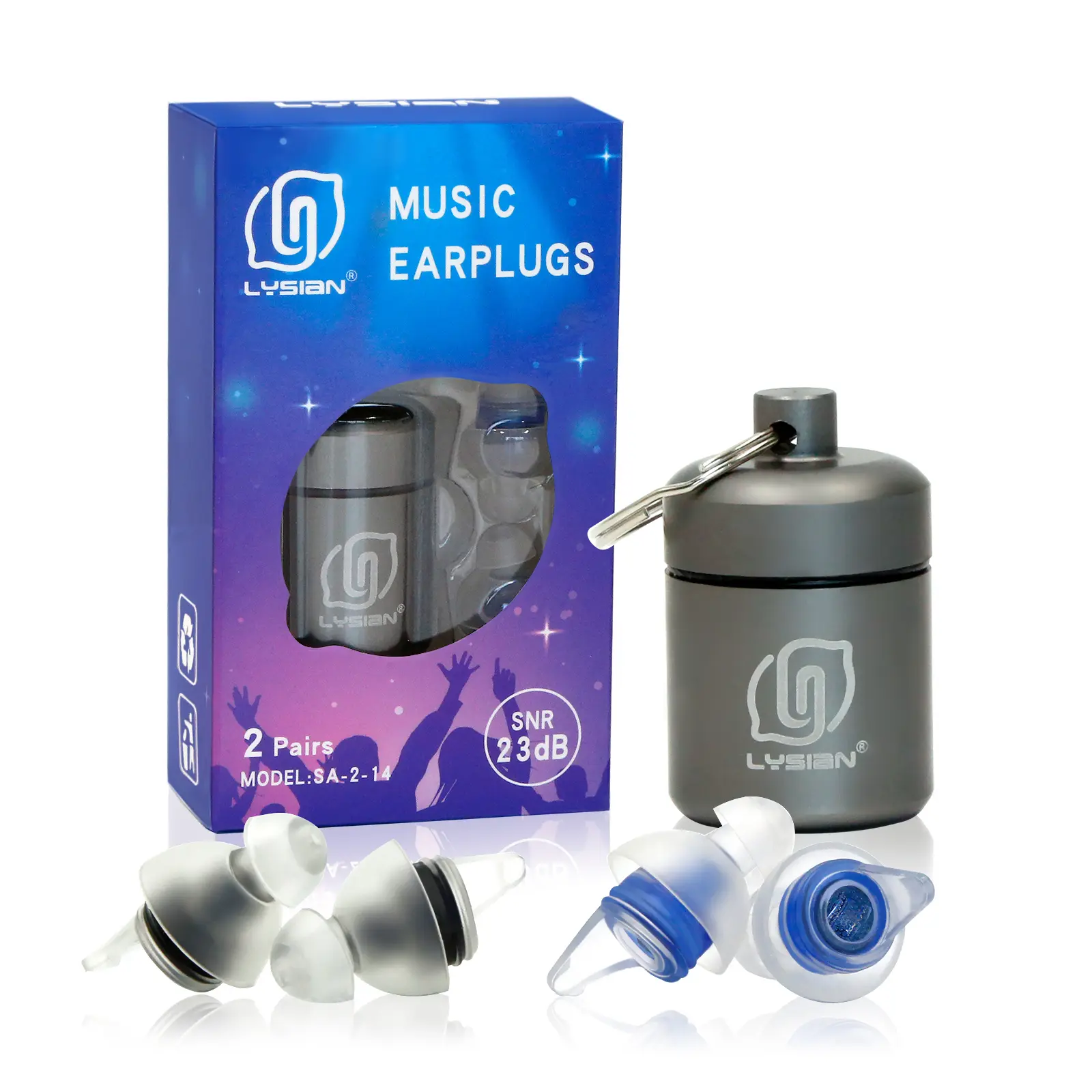 LYSIAN High-Fidelity Reusable Earplugs, 2 Pairs with SNR 23dB Noise Reduction, Waterproof Hearing Protection for Musicians & Concerts, Secure Fit, Drummers, Non-Toxic