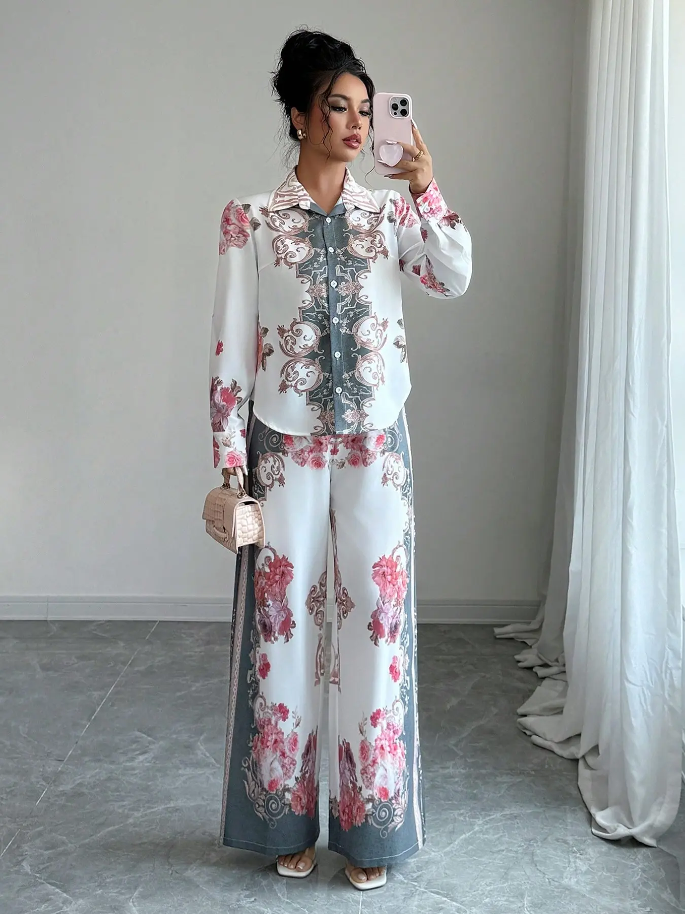 Women's Luxury Baroque Floral Rose Print Two-Piece Set, Elegant Long Sleeve Button Shirt & High Waist Wide Leg Pants, Casual, Everyday & Vacation Wear, Set Outfit