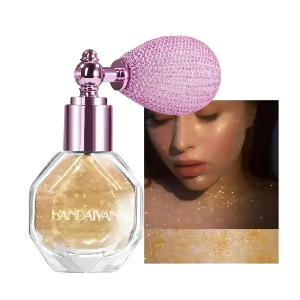 Flawless Compact Cosmetic Highlighter Makeup Kit - Lightweight, Brightening, Long-Lasting Waterproof Formula with Diamond Shine Spray, Powder, #02 Purple & #Gold Shimmery Eyeshadow for Face, Body, Natural Glow, Bling Effect, Perfect Gift, Aesthetic Glow
