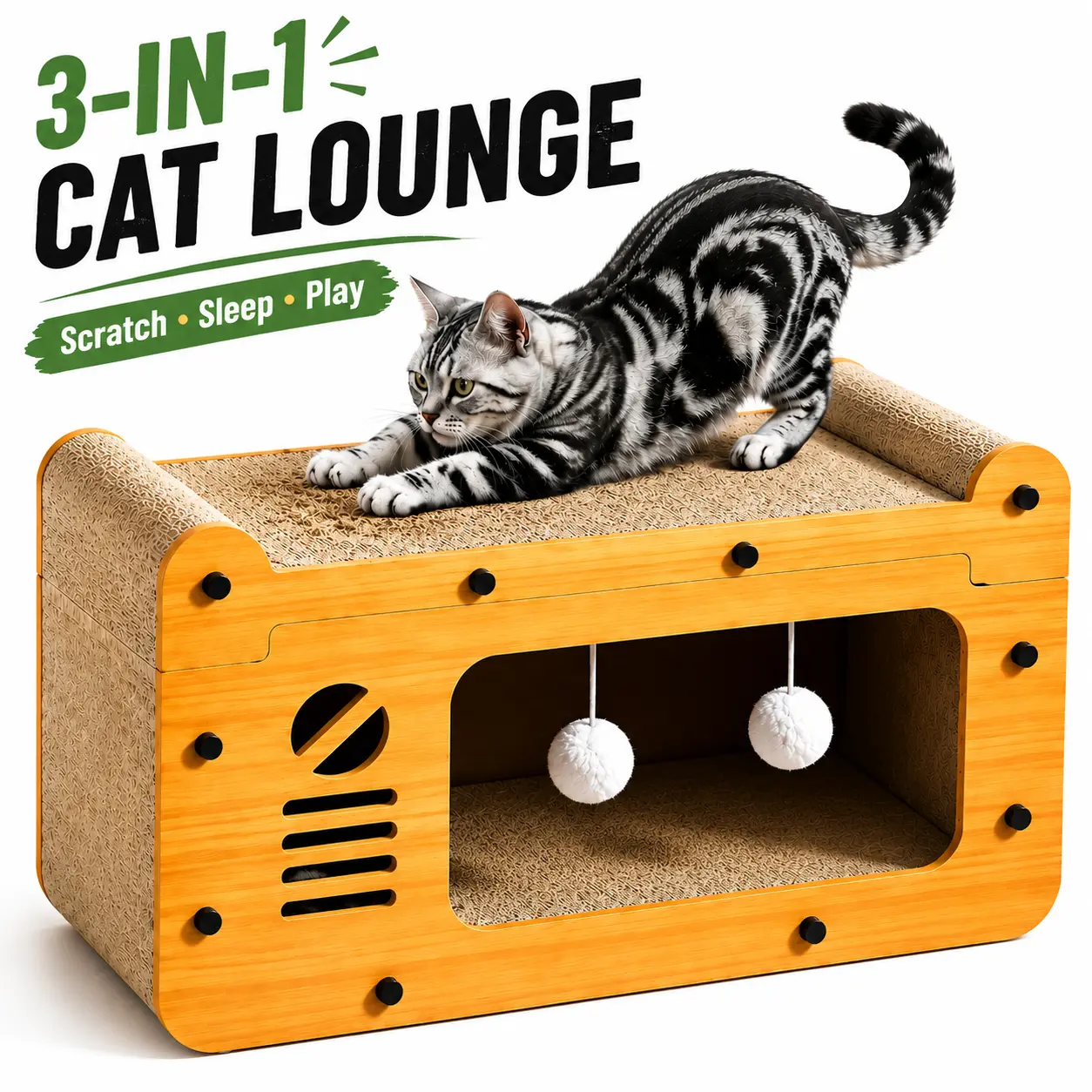 3-in-1 Cat Scratch Board & Cat House, Board Pet Furniture & Wooden Bed Lounge for Couch Protection