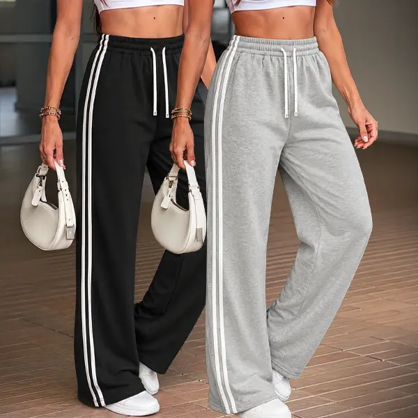 Women's 2-Pack High-Waisted Baggy Polyester Sweatpants - Athleisure Style Pants with Side Stripe, Drawstring for Casual Street Wear, Women's Clothes, Baggy Sweatpants Women