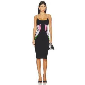 AREA Colorblock Lily Flower Midi Dress in Black