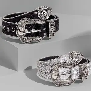 Rhinestone Western Belt Y2K Punk Studded Waist Belt for Women Men Silver Buckle Bling Glitter Cowboy Belt Goth Streetwear Festival Outfit Adjustable Size Luxury Sparkle Belt Jeans Accessories Alt Fashion
