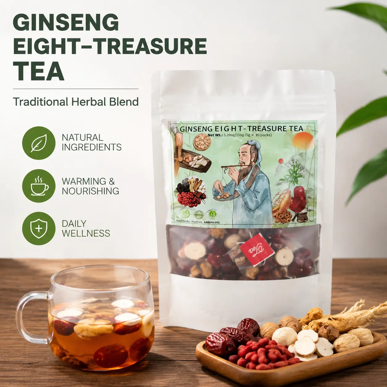 All Natural 8-Treasure Ginseng Herbal Tea Bags - Sugar-Free Unisex Wellness Beverage for Boyfriends, Fathers, with Natural Herbs, Red Date, Wolfberry - Supports Energy Boost, Stress Relief, Liver & Kidney Health, Body Balance