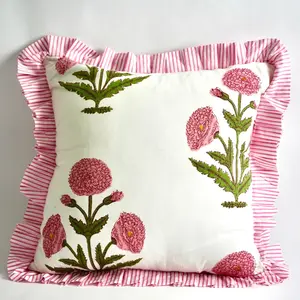 Pink Ruffle Pillow Sham 18x18 100% Cotton Machine Washable Dryer Safe Hand Block Printed in India