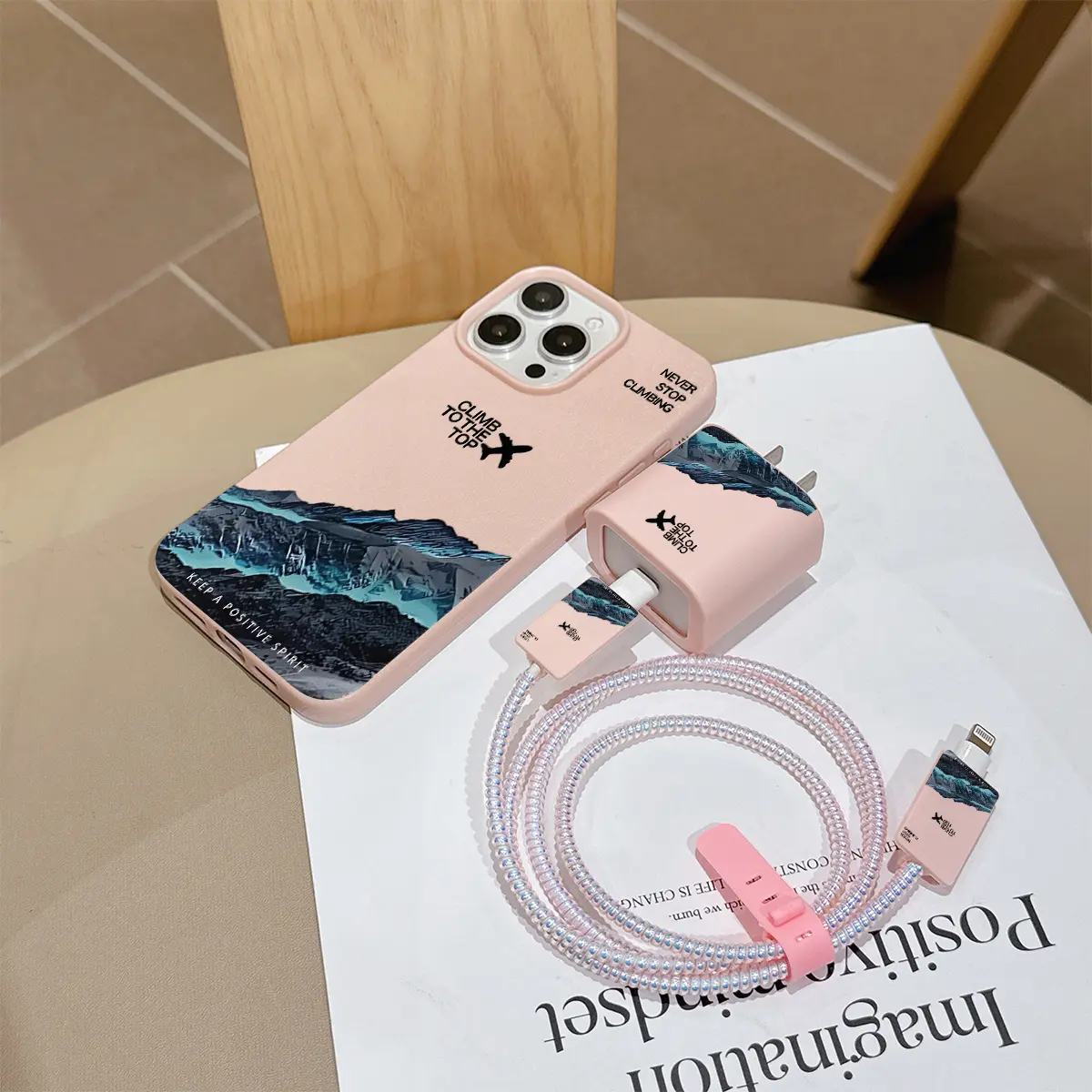 6-Piece Set Snow Mountain & Plane Phone Case + Charging Head Protector + Data Cable Cover + Storage Rope for iPhone 15/16 Series