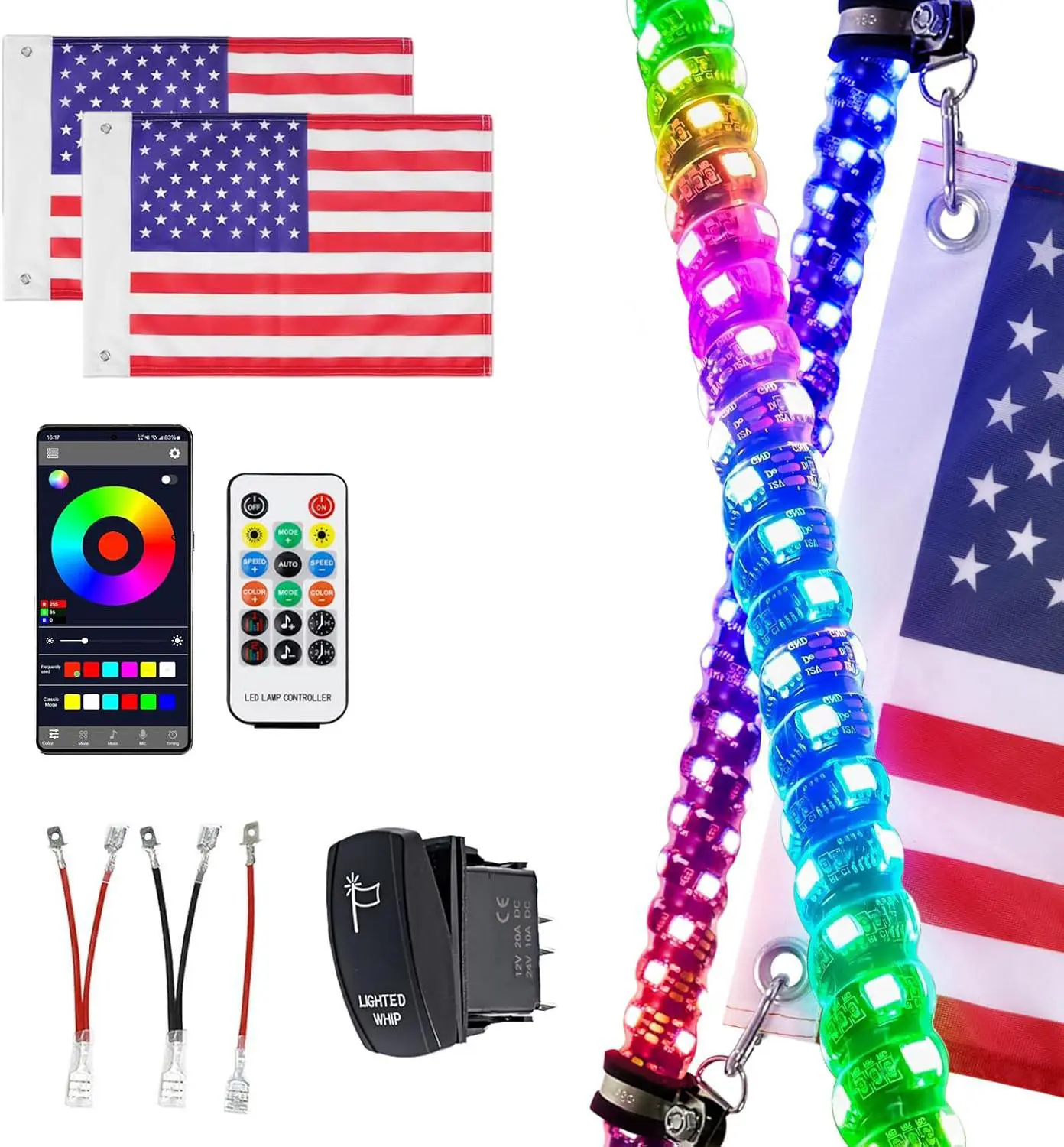 2FT Fat Whip Lights, LED Whip Lights with App & Remote Control, Spiral RGB Chasing Lighted Antenna Whips with Rocker Switch, Music Whip Light for SXS UTV ATV RZRCan-Am X3 Off-Road