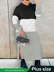 【Plus Size】 Colorblock Drawstring Split Hem Hooded Dress, Casual Long Sleeve Dress for Fall & Winter, Women's Clothing for Daily Wear, Womenswear