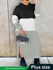 【plus size】 colorblock drawstring split hem hooded dress, casual long sleeve dress for fall & winter, women's clothing for daily wear