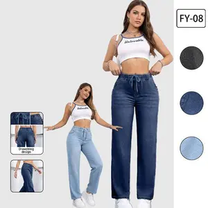 MHZ Women's FY-08 High-Waisted Wide-Leg Jeans with Drawstring Waist Loose Fit Soft Blended Fabric Washable Regular Fit Vintage Straight-Leg Long Pants for Everyday & Street Wear in Spring & Summer Womenswear Bottom