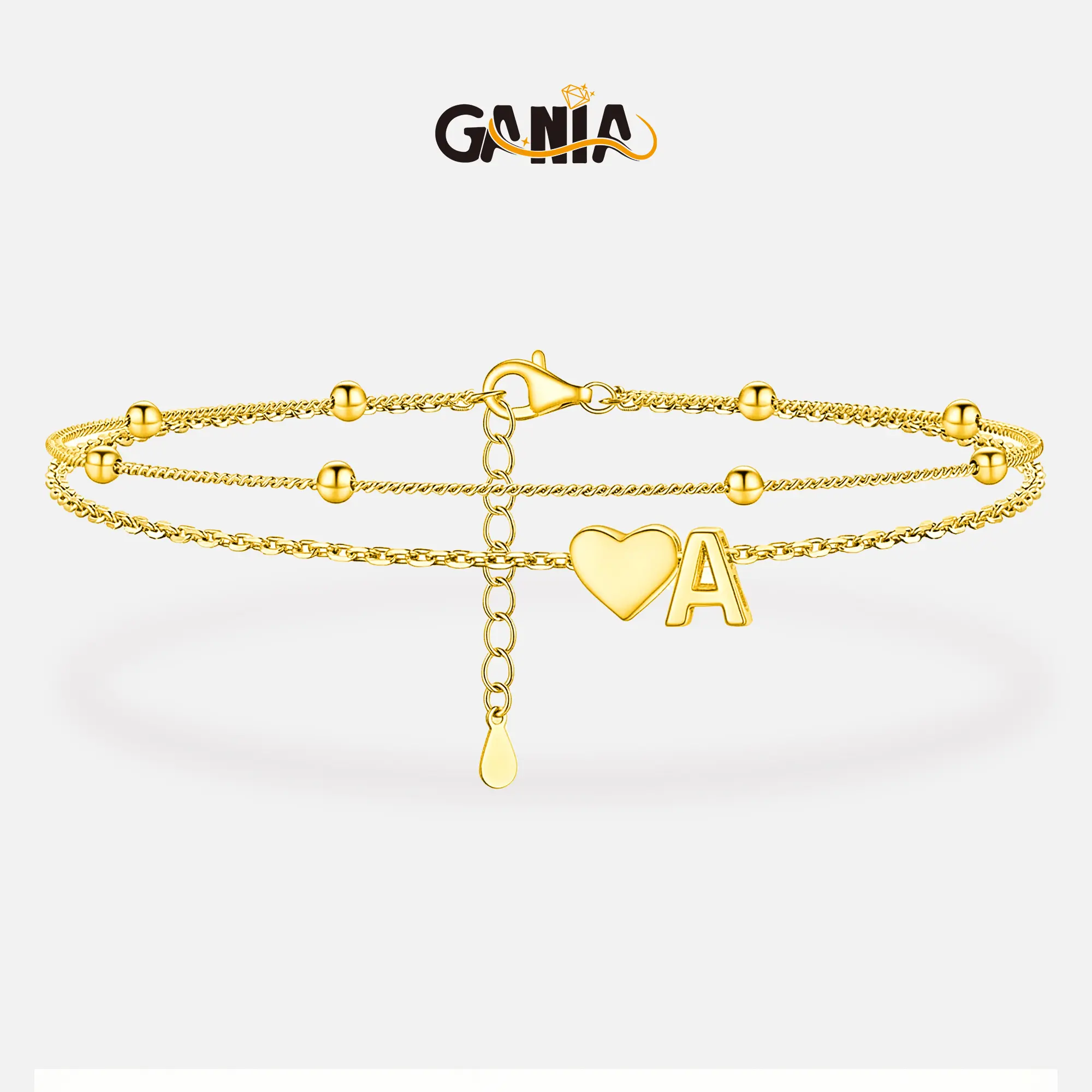 GANIA women's bracelet, made of 18K gold plating. Adjustable size, water-resistant, sweat-proof, color-resistant, sturdy multi-layer heart-shaped chain. Suitable for summer outfits. A-Z series letter bracelet. Fashionable beach accessory.