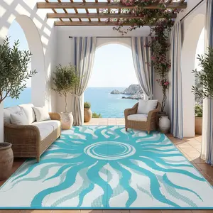 Outdoor Rug Waterproof Patio Rugs with Geometric Sun Pattern Reversible Plastic Straw Camping Rug for Deck Backyard Picnic Porch Balcony Beach