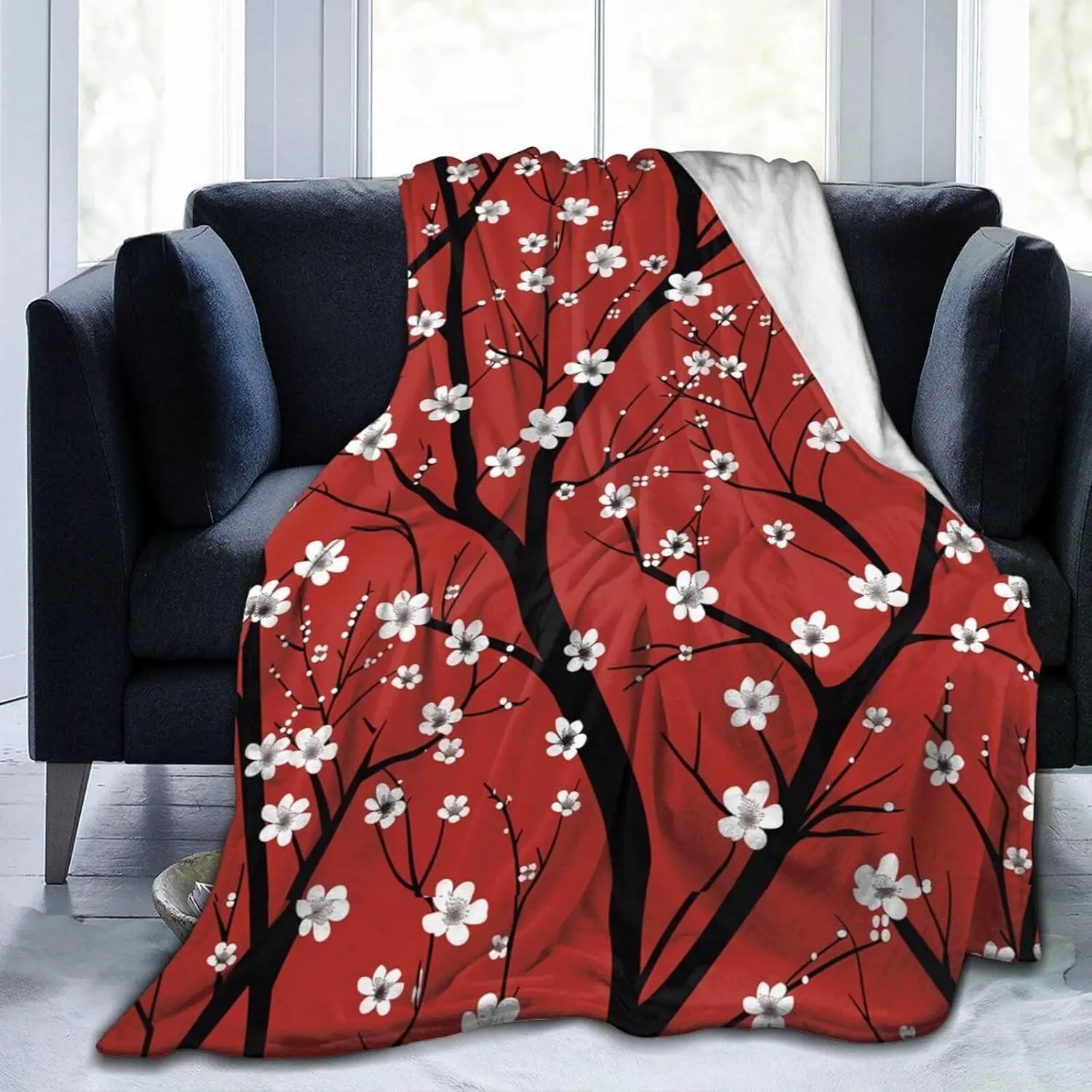 Red Cherry Blossom Throw Blanket Fluffy Flannel Blankets Soft Travel Blanket Indoor Outdoor Blanket for Couch Sofa Bed