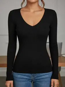 Women's Ribbed V Neck Slim Fitted T Shirts Basic Solid Long Sleeve Layering Tee Tops