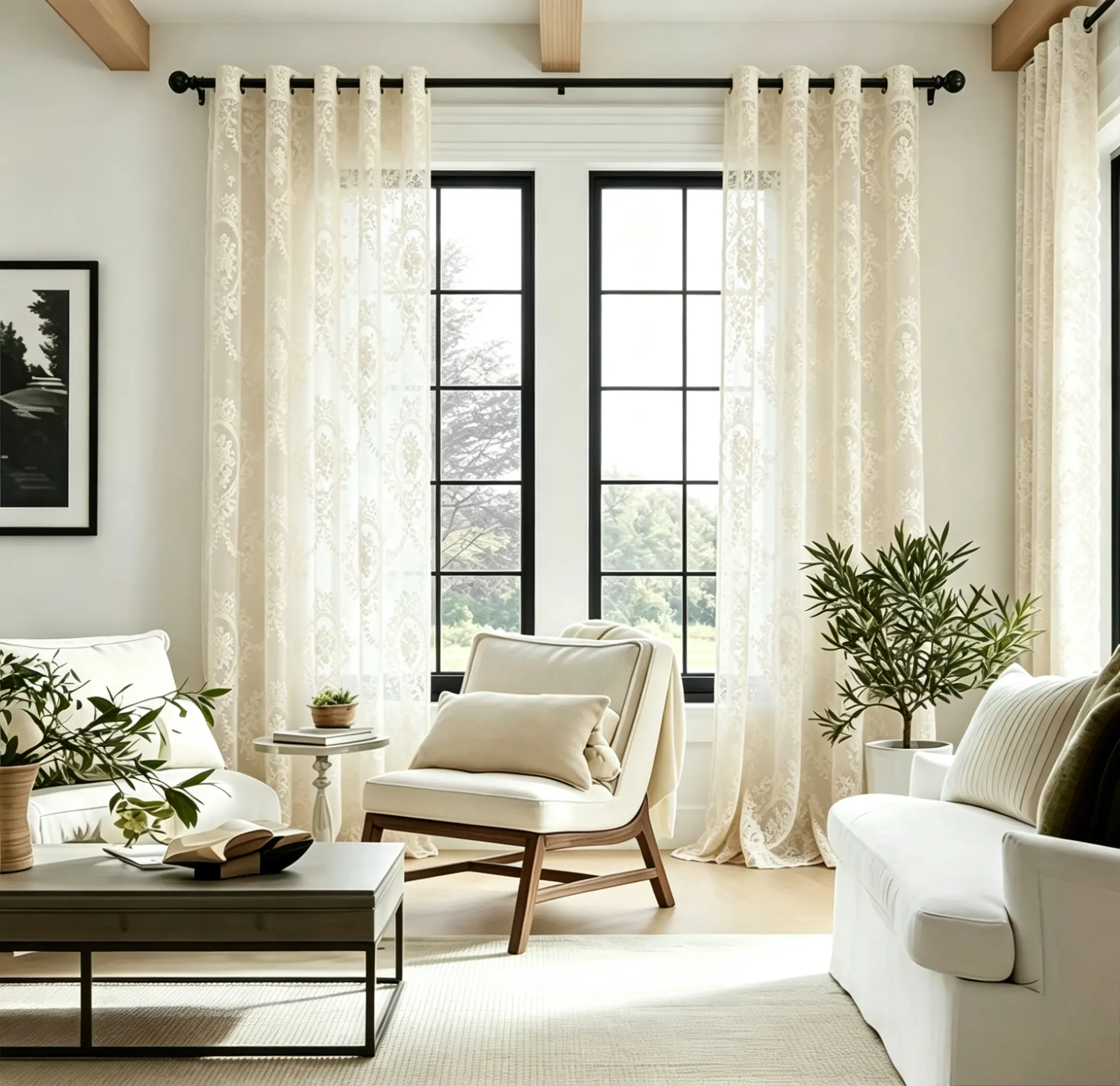 Vintage Floral Pastoral Jacquard Sheer Grommet Curtains, 2-Panel Polyester Drapes (132cmx213cm/52inx84in) with White Embossed Grommets, Soft Fabric, Machine-Washable, for Bedroom & Living Room Decor, Two Panels