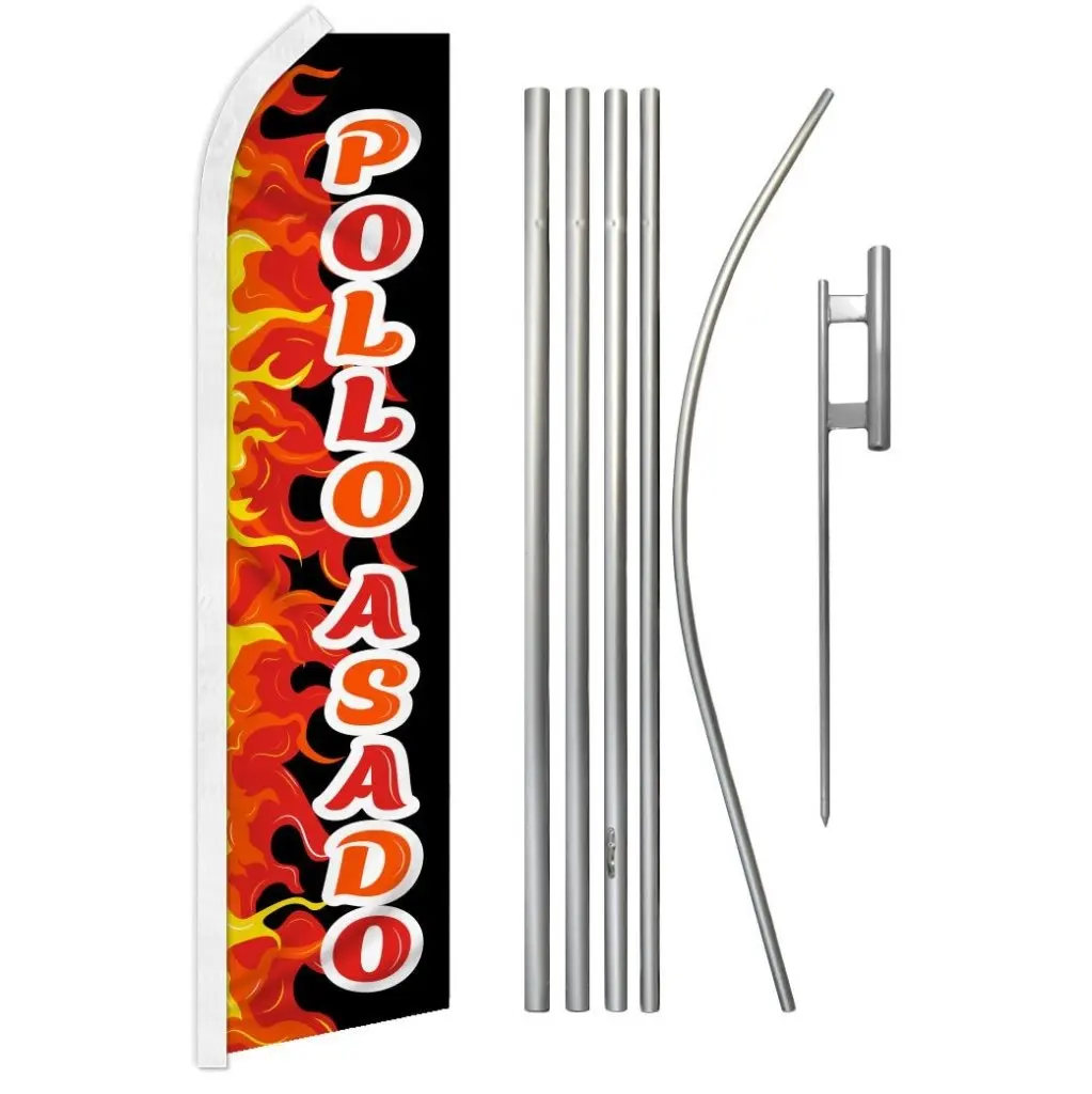 Standard Pollo Asado Super Flag & Aluminium-Steel Pole Backdrops Kit Set, 11.5x2.5 ft Synthetic Polyester Backdrop with Curved Sleeve, 16ft Wind-Resistant for Home Festive & Birthday Party Decor Supplies, 16 Feet